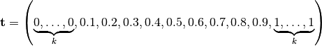 \mathbf{t} = \left( \underbrace{0, \dots, 0}_{k}, 0.1, 0.2, 0.3, 0.4, 0.5, 0.6, 0.7, 0.8, 0.9, \underbrace{1, \dots, 1}_{k} \right)