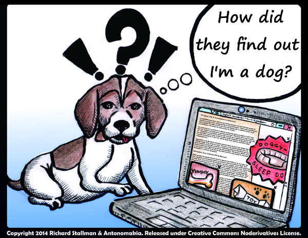 Viñeta de un perro mirando desconcertado tres avisos publicitarios que de
repente aparecieron en la pantalla de su ordenador...